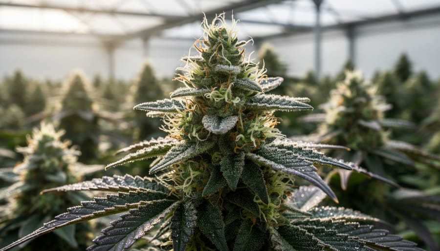 Gloved hands inspecting dense hemp flower buds with visible trichomes.