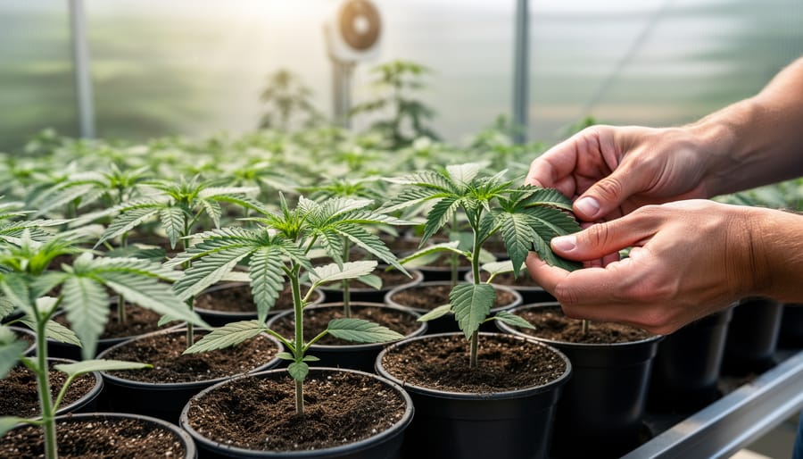 Hands holding a small hemp seedling above dark soil with visible root detail.