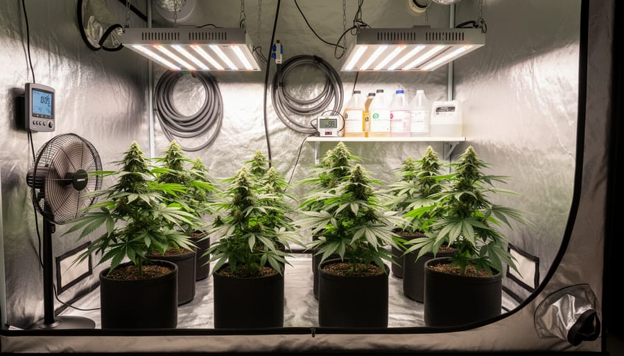 Indoor grow tent with healthy young hemp plants in fabric pots under bright grow lights.