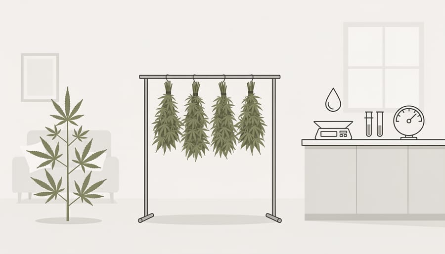 Jar of dried hemp buds next to a pH meter and a sealed test sample envelope on a clean work surface.